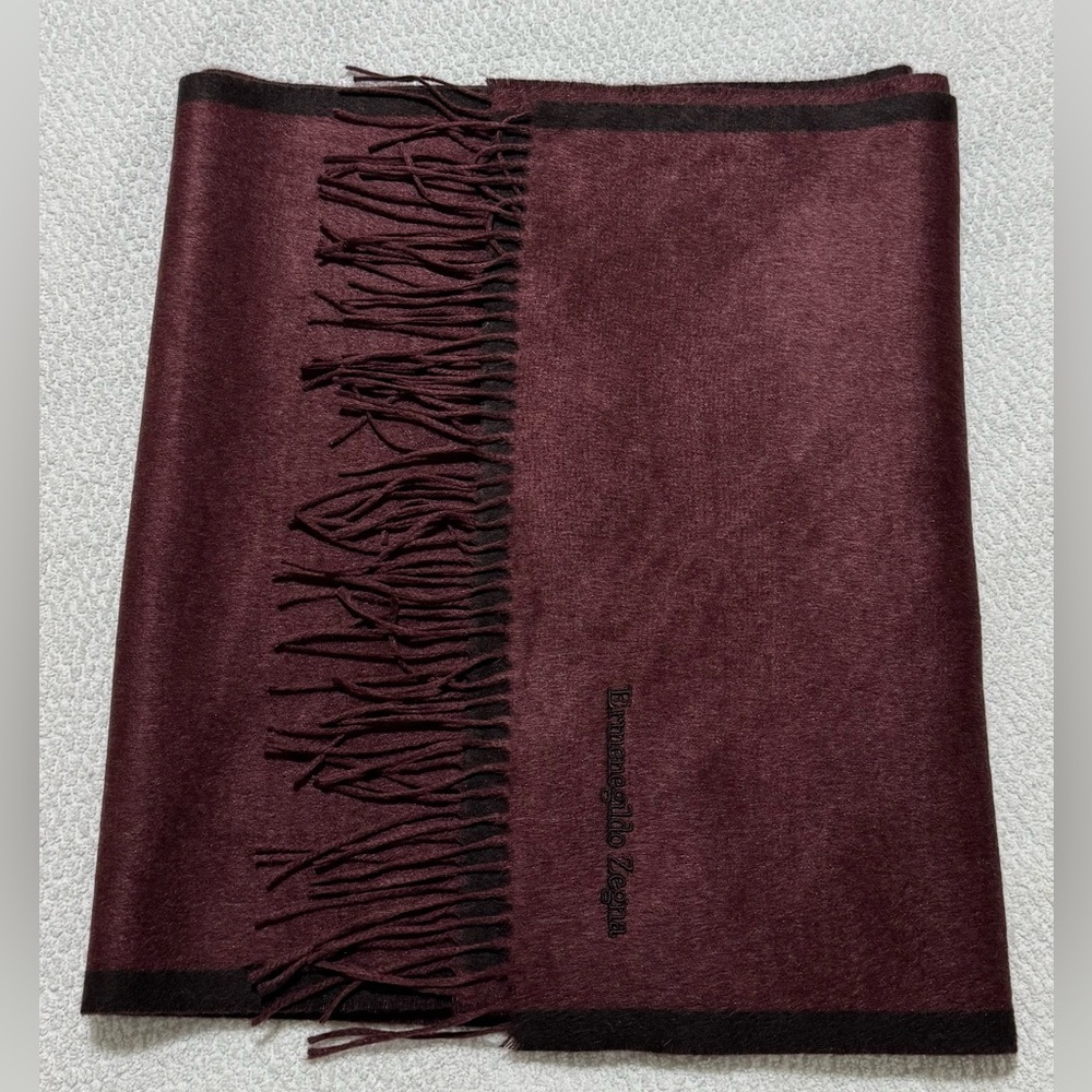 Ermenegildo Zegna Italy Burgundy/Brown fFringed Edge Silk Scarf